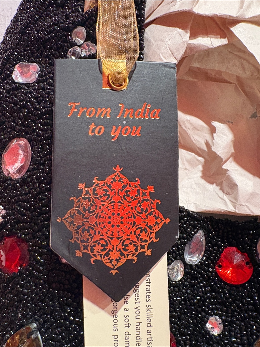 BNWT Made in India Embellished Black Beaded Shoulder Bag with Red & Clear Gems - Picture 4 of 8